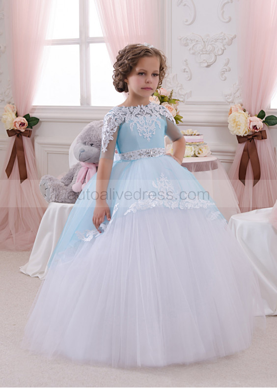 Two Toned Blue White Tulle Lace V Back Flower Girl Dress